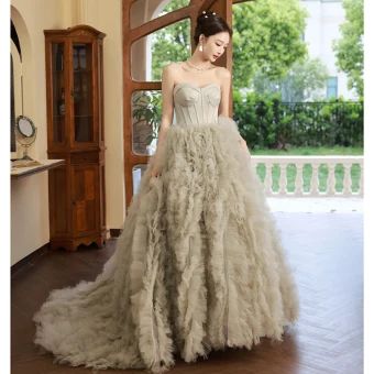 Charmant Vert Cendré Plissée Robe De Soirée 2023 Princesse Bustier Sans Manches Dos Nu Train De Balayage Soirée Robe De Ceremonie