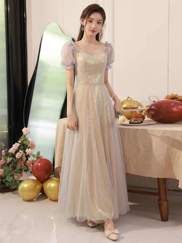 Chic / Beautiful Gold Sequins Bridesmaid Dresses 2023 A-Line / Princess Off-The-Shoulder Short Sleeve Backless Floor-Length / Long Bridesmaid Dresses