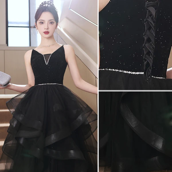 Sexy Noire Volants en Cascade Paillettes Robe De Soirée 2023 Princesse Bretelles Spaghetti Sans Manches Dos Nu Longue Soirée Robe De Ceremonie