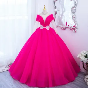 Fantaisie Fushia Perlage Papillon Paillettes Robe De Bal 2024 Robe Boule Col Haut Manches Longues Dos Nu Longue Promo Robe De Ceremonie