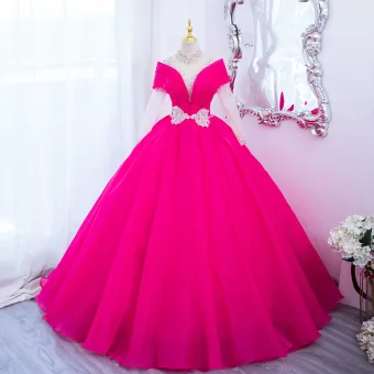 Fantaisie Fushia Perlage Papillon Paillettes Robe De Bal 2024 Robe Boule Col Haut Manches Longues Dos Nu Longue Promo Robe De Ceremonie