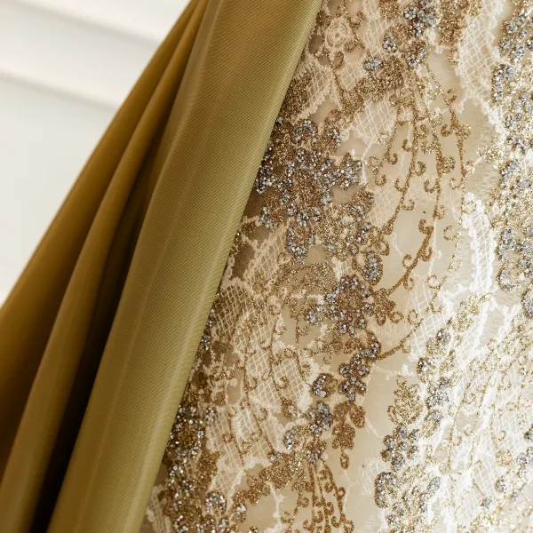 Elegant Vintage / Retro Khaki Sequins Lace Flower Prom Dresses 2026 Trumpet / Mermaid Strapless Sleeveless Backless Sweep Train Formal Dresses