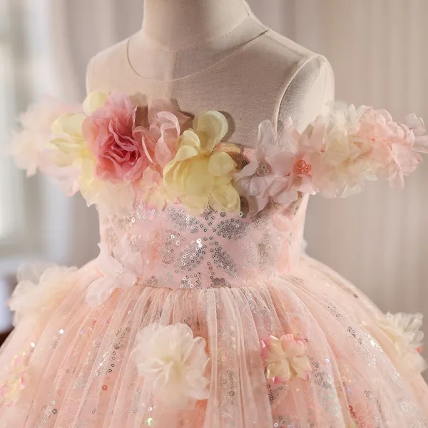 Flower Fairy Blushing Pink Appliques Sequins Birthday Tea-length Flower Girl Dresses 2025 Ball Gown Scoop Neck Short Sleeve