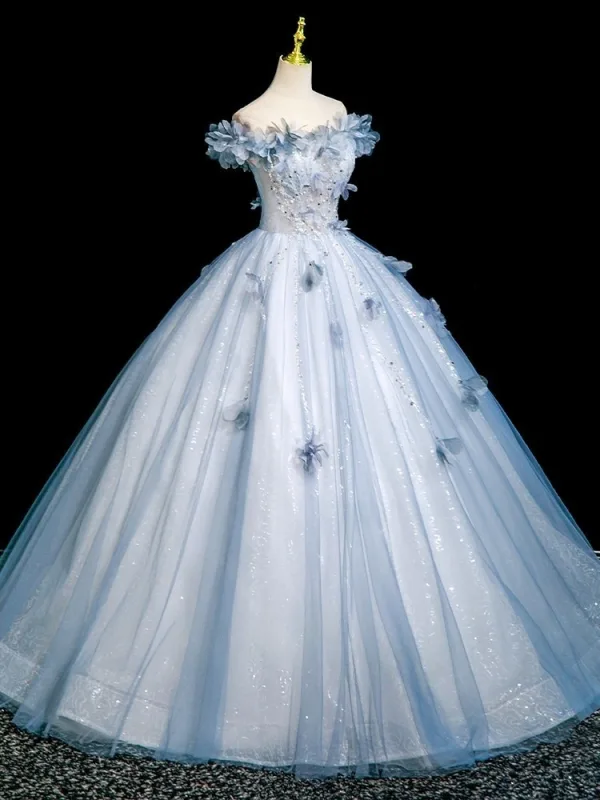 Bling Bling Sky Blue Beading Appliques Sequins Prom Dresses 2025 Ball Gown Off-The-Shoulder Short Sleeve Backless Floor-Length / Long Formal Dresses