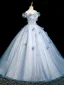 Bling Bling Sky Blue Beading Appliques Sequins Prom Dresses 2025 Ball Gown Off-The-Shoulder Short Sleeve Backless Floor-Length / Long Formal Dresses