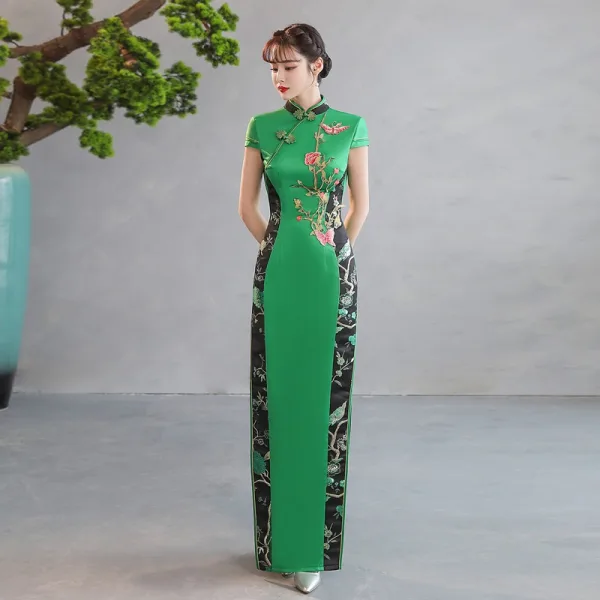 Vintage / Retro Chinese style Gold Lace Flower Split Front Cheongsam 2025 Trumpet / Mermaid High Neck Short Sleeve Floor-Length / Long Evening Party Cheongsam / Qipao