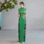 Vintage / Retro Chinese style Gold Lace Flower Split Front Cheongsam 2025 Trumpet / Mermaid High Neck Short Sleeve Floor-Length / Long Evening Party Cheongsam / Qipao