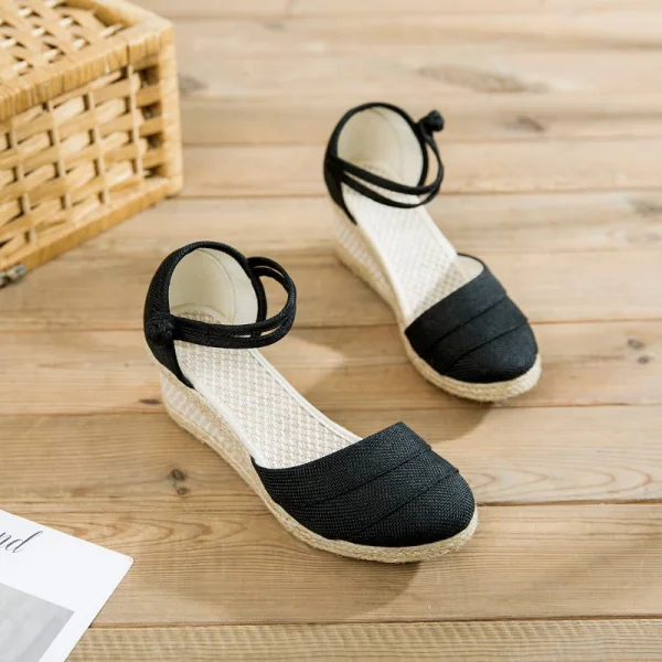 Modest / Simple Red Summer Street Wear Womens Sandals 2023 Ankle Strap 6 cm Wedges Round Toe Sandals