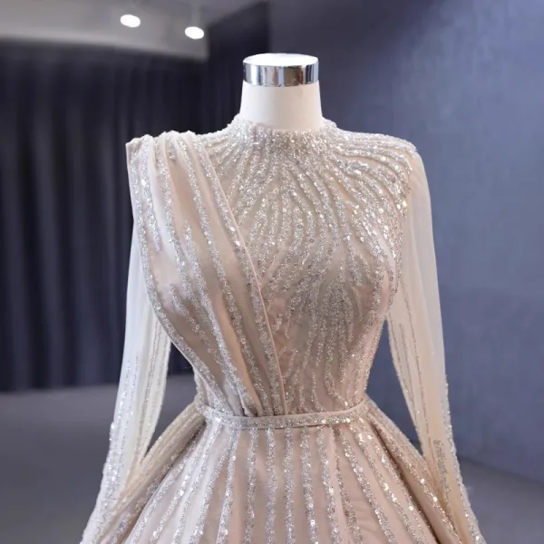 High-end Champagne Handmade Beading Sequins Prom Dresses 2023 Ball Gown High Neck Long Sleeve Floor-Length / Long Formal Dresses