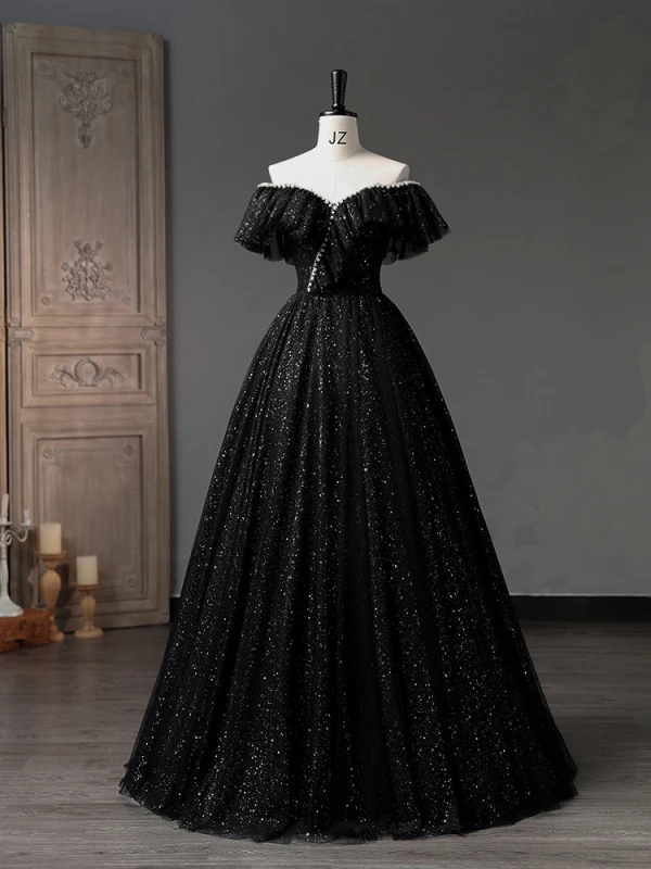 Charming Black Pearl Sequins Prom Dresses 2023 Ball Gown Off-The-Shoulder Short Sleeve Backless Floor-Length / Long Prom Formal Dresses