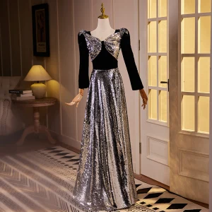 Sparkly Silver Sequins Bow Prom Dresses 2024 A Line Princess Scoop Neck Long Sleeve Backless Floor Length Long Prom Formal Dresses
