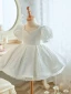 Chic / Beautiful White Short Pearl Wedding Flower Girl Dresses 2023 Ball Gown Square Neckline Short Sleeve Backless Bow Tulle