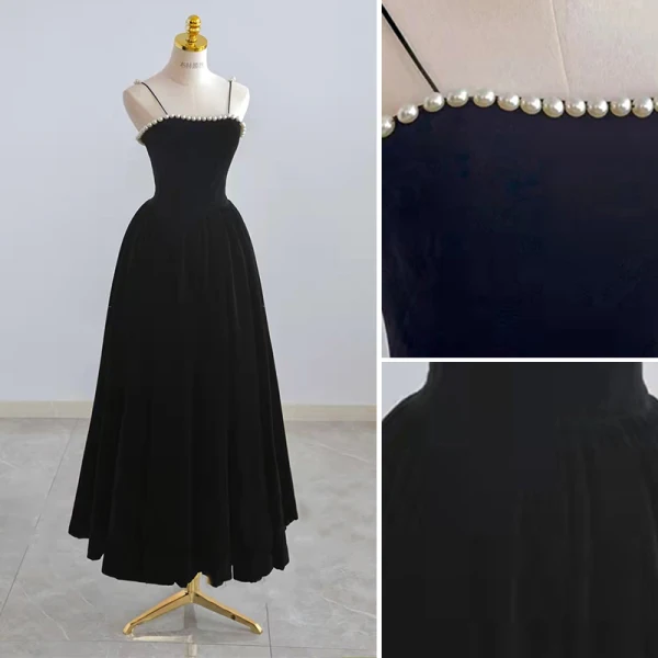 Vintage / Retro Black Velour Homecoming Little Black Dress Graduation Dresses 2022 A-Line / Princess Spaghetti Straps Pearl Sleeveless Backless Suede Floor-Length / Long Formal Dresses