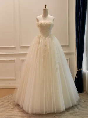 High End Elegant Champagne Håndlaget Beading Appliques Brudekjoler 2026 Prinsesse Strapless Uten Ermer Ryggløse Lange