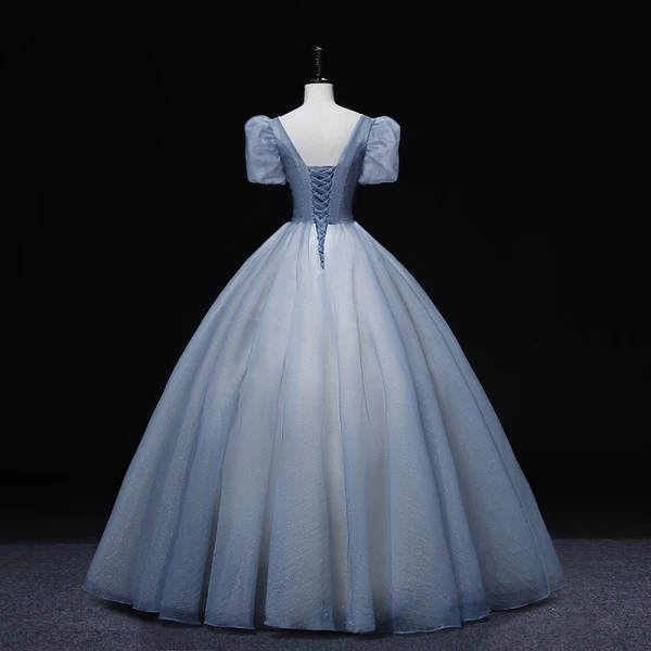 Chic / Beautiful Sky Blue Prom Dresses 2022 Ball Gown V-Neck Puffy Short Sleeve Backless Beading Rhinestone Sequins Floor-Length / Long Prom Formal Dresses