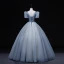 Chic / Beautiful Sky Blue Prom Dresses 2022 Ball Gown V-Neck Puffy Short Sleeve Backless Beading Rhinestone Sequins Floor-Length / Long Prom Formal Dresses