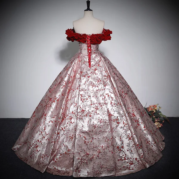 Fashion Burgundy Printing Prom Dresses 2023 Ball Gown Off-The-Shoulder Sleeveless Backless Floor-Length / Long Prom Formal Dresses
