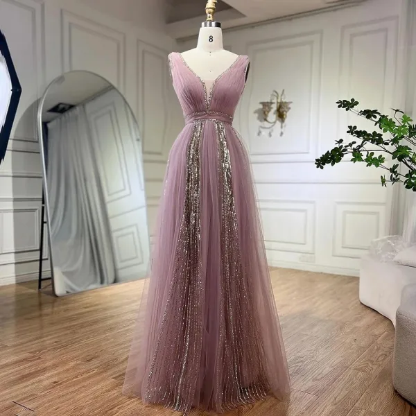 Elegante Salbeigrün Pailletten Ballkleider 2024 A Linie V-Ausschnitt Ärmellos Lange Ball Festliche Kleider
