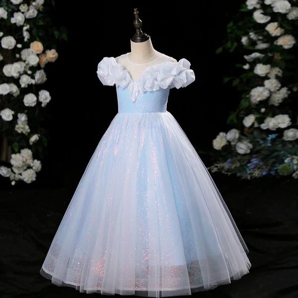 Chic / Beautiful Sky Blue Sequins Birthday Flower Girl Dresses 2024 A-Line / Princess Scoop Neck Ruffle Short Sleeve Floor-Length / Long