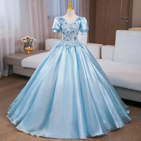 Elegant Gold Sequins Rhinestone Prom Dresses 2024 Ball Gown V-Neck Short Sleeve Backless Floor-Length / Long Prom Formal Dresses