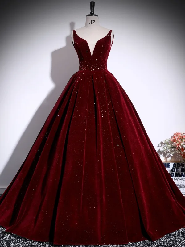 Elegant Burgundy Beading Sequins Velvet Mother Of The Bride Dresses 2025 Ball Gown V-Neck Sleeveless Backless Floor-Length / Long
