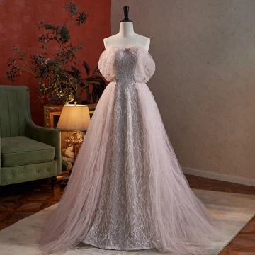 Charming Dusky Pink Beading Sequins Evening Dresses Prom Dresses 2023 A Line Princess Off The Shoulder Short Sleeve Backless Floor Length Long Formal Dresses