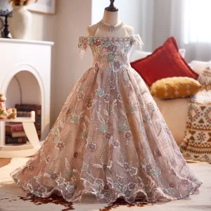 Charmant Rougissant Rose Perlage Paillettes Anniversaire Robe Ceremonie Fille 2025 Robe Boule Col Haut Sans Manches Dos Nu Longue Tulle