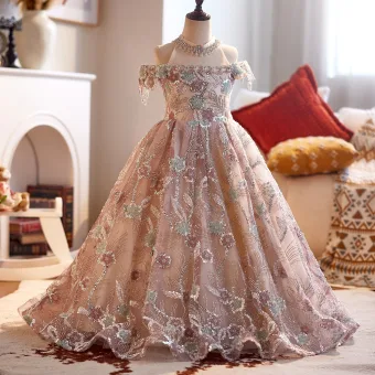 Charming Blushing Pink Beading Sequins Birthday Flower Girl Dresses 2025 Ball Gown High Neck Sleeveless Backless Floor Length Long Tulle