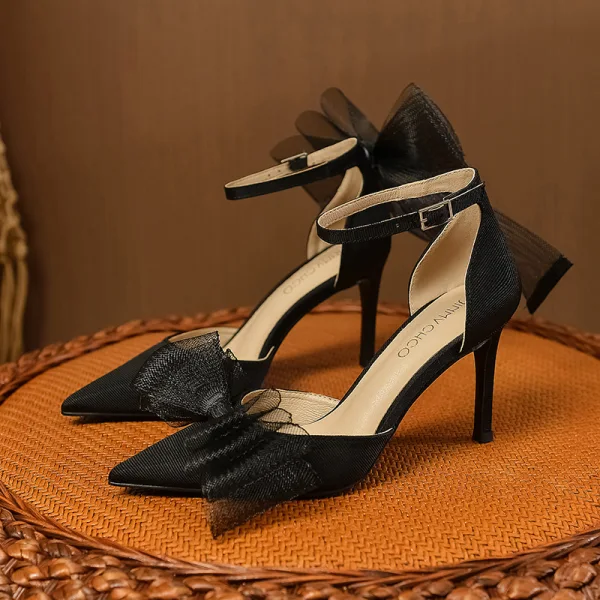 Sexy Black Bow Evening Party Womens Shoes 2023 Ankle Strap 8 cm Stiletto Heels Pointed Toe Womens Shoes High Heels