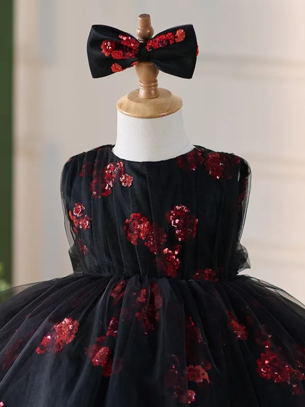 Chic / Beautiful Black Red Sequins Birthday Flower Girl Dresses 2024 Ball Gown Scoop Neck Sleeveless Short Bow