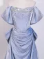 Charmant Bling Bling Bleu Ciel Perlage Faux Diamant Robe De Bal 2026 Princesse De l'épaule Manches Courtes Dos Nu Noeud Train De Balayage Robe De Ceremonie