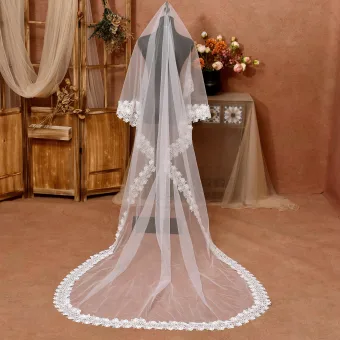 Modest Simple White Lace Flower 3 M Wedding Veils 2025 Sweep Train Tulle