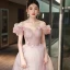 Chic / Beautiful Blushing Pink Beading Appliques Prom Dresses 2024 A-Line / Princess Off-The-Shoulder Short Sleeve Backless Floor-Length / Long Prom Formal Dresses