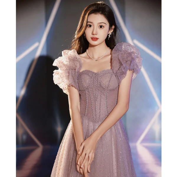 Charming Purple Beading Sequins Evening Dresses 2023 A-Line / Princess Off-The-Shoulder Short Sleeve Backless Floor-Length / Long Evening Party Formal Dresses