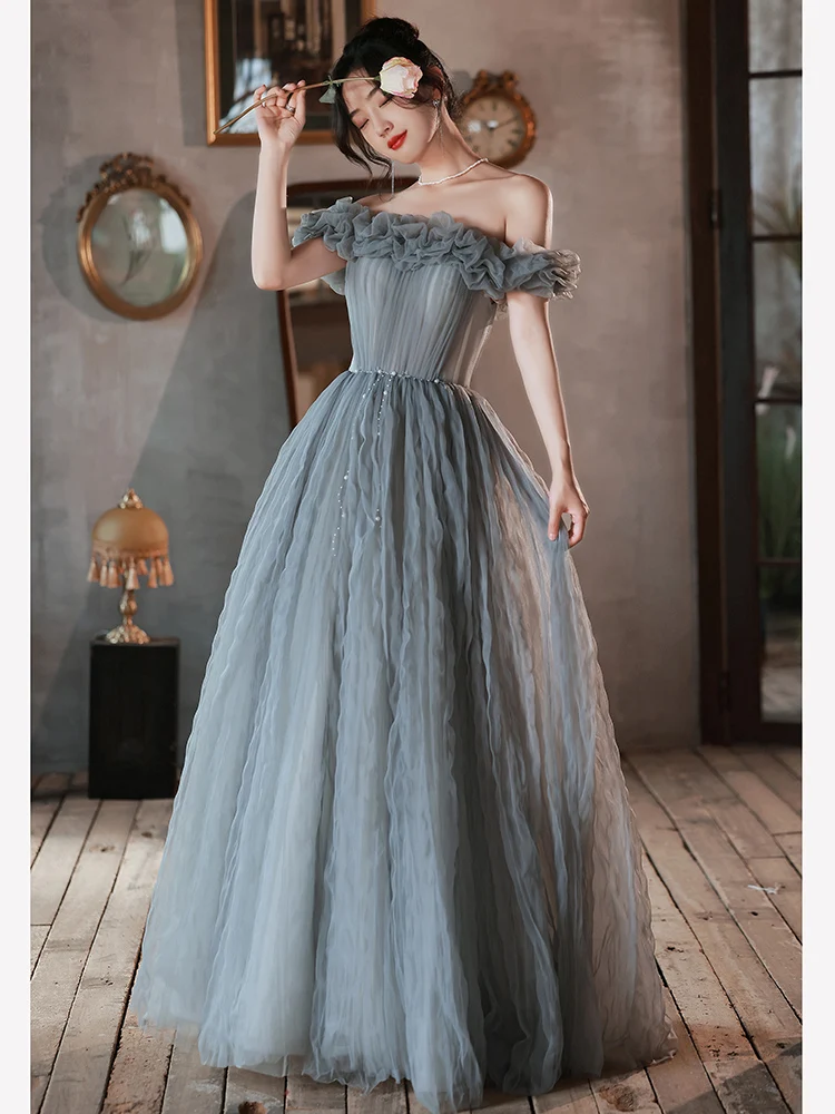 Chic Beautiful Grey Ruffle Prom Dresses 2022 A-Line Princess Off-The-Shoulder Short Long