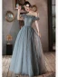 Chic / Belle Gris Volants Robe De Bal 2022 Princesse De l'épaule Manches Courtes Dos Nu Longue Promo Robe De Ceremonie