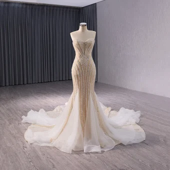 Sparkly High End Champagne Handmade Beading Pearl Sequins Evening Dresses 2024 Trumpet Mermaid Strapless Sleeveless Backless Floor Length Long Evening Party