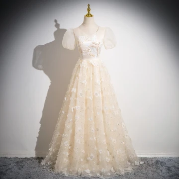 Chic Belle Champagne Papillon Appliques Perlage Paillettes Robe De Bal 2024 Princesse V Cou Manches Courtes Dos Nu Longue Promo Robe De Ceremonie