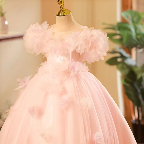 Lovely Blushing Pink Appliques Birthday Flower Girl Dresses 2025 Ball Gown Scoop Neck Short Sleeve Backless Sweep Train Tulle Flower Girl Dresses