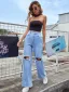 Ripped Women Sky Blue High Waist Denim Jeans 2021 Street Wear Wide Leg Cotton Bottoms Pants