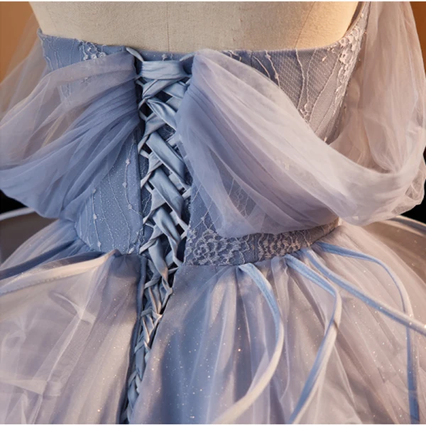 Fashion Sky Blue Pearl Sequins Lace Flower Cascading Ruffles Prom Dresses 2023 Ball Gown Strapless Sleeveless Backless Court Train Prom Formal Dresses