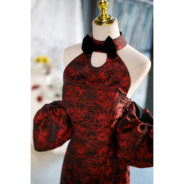 Sexy Burgundy Printing Evening Dresses 2023 Trumpet / Mermaid Halter Bow Short Sleeve Backless Floor-Length / Long Evening Party Formal Dresses