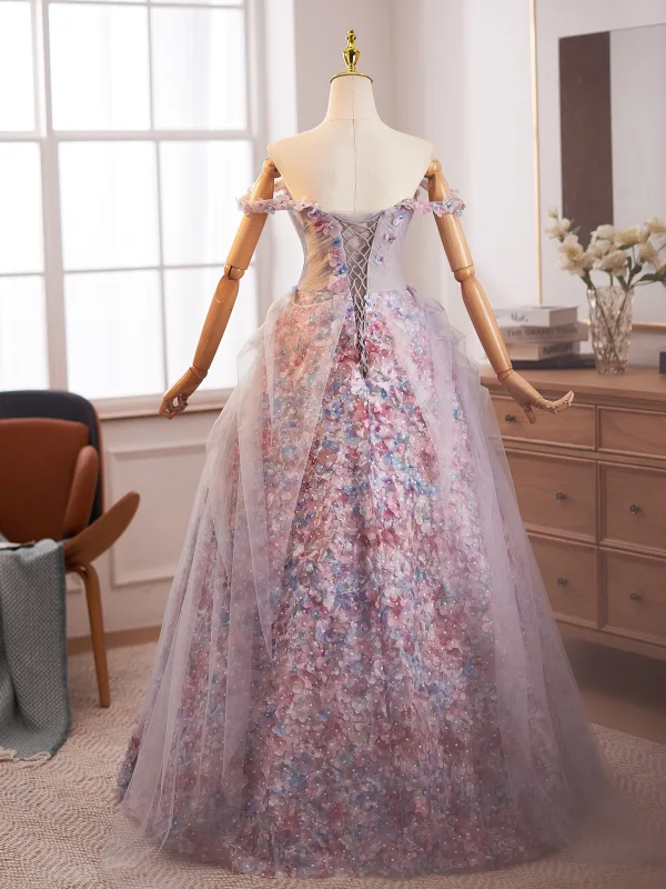 Flower Fairy Blushing Pink Star Sequins Multi-Colors Appliques Prom Dresses 2025 Ball Gown Off-The-Shoulder Sleeveless Backless Floor-Length / Long Formal Dresses
