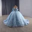 Luxury / Gorgeous Sky Blue Handmade  Beading Sequins Lace Flower Prom Dresses 2025 Ball Gown Off-The-Shoulder Sleeveless Backless Bow Floor-Length / Long