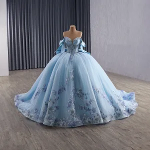 Luxus Herrlich Himmelblau Handgefertigt Perlenstickerei Pailletten Spitze Blumen Ballkleider 2025 Ballkleid Off Shoulder Ärmellos Rückenfreies Schleife Lange