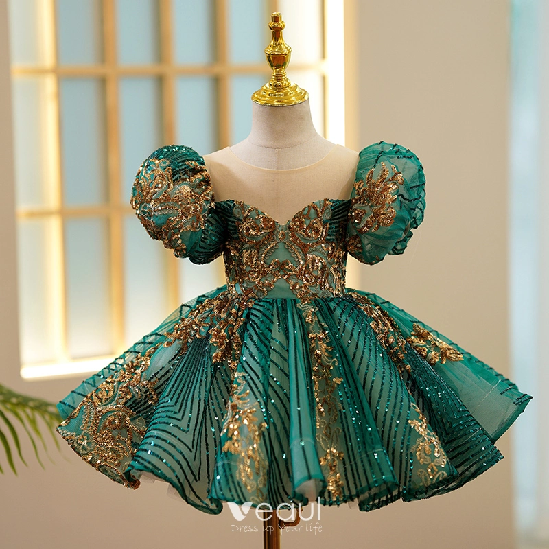 Chic / Beautiful Dark Green Sash Sequins Birthday Flower Girl Dresses Ball  Gown 2021 Satin Scoop Neck Short Sleeve Floor-Length / Long