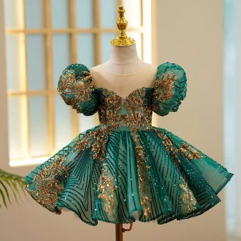 Chic Belle Vert Foncé Perlage Paillettes Robe Ceremonie Fille 2022 Robe Boule Encolure Dégagée Gonflée Manches Courtes Longue Promo Robe Ceremonie Fille