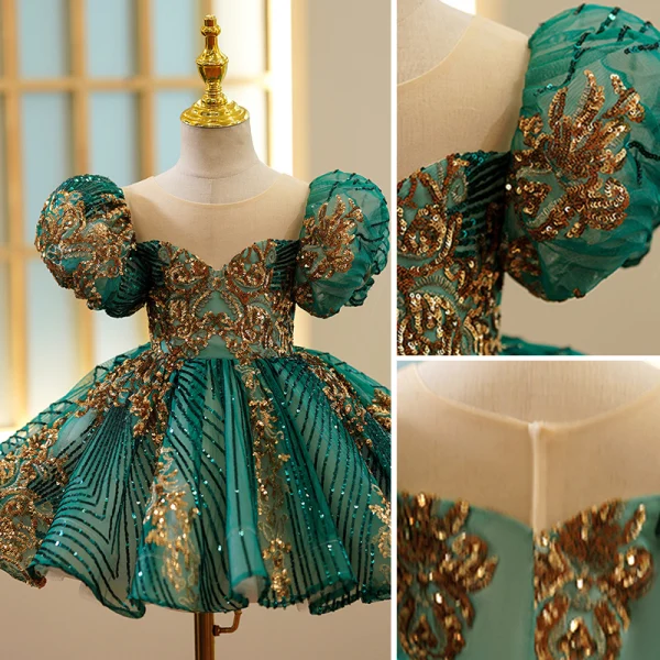 Chic / Beautiful Dark Green Beading Sequins Flower Girl Dresses 2022 Ball Gown Scoop Neck Puffy Short Sleeve Floor-Length / Long Prom Flower Girl Dresses