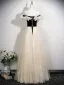 Chic / Beautiful Champagne Appliques Prom Dresses 2025 A-Line / Princess Off-The-Shoulder Short Sleeve Backless Floor-Length / Long Formal Dresses