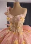 Luxury / Gorgeous Flower Fairy Blushing Pink Beading Appliques Sequins Prom Dresses 2025 Ball Gown One-Shoulder Sleeveless Backless Bow Court Train Formal Dresses